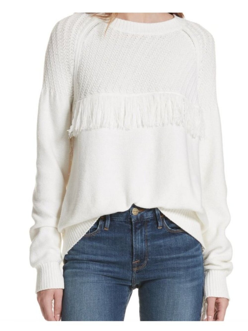 FRAME Fringe Wool Blend Crewneck Sweater Womens Medium